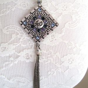 Pewter Asian inspired blue rhinestone tassel pendant - Vintage 1990s